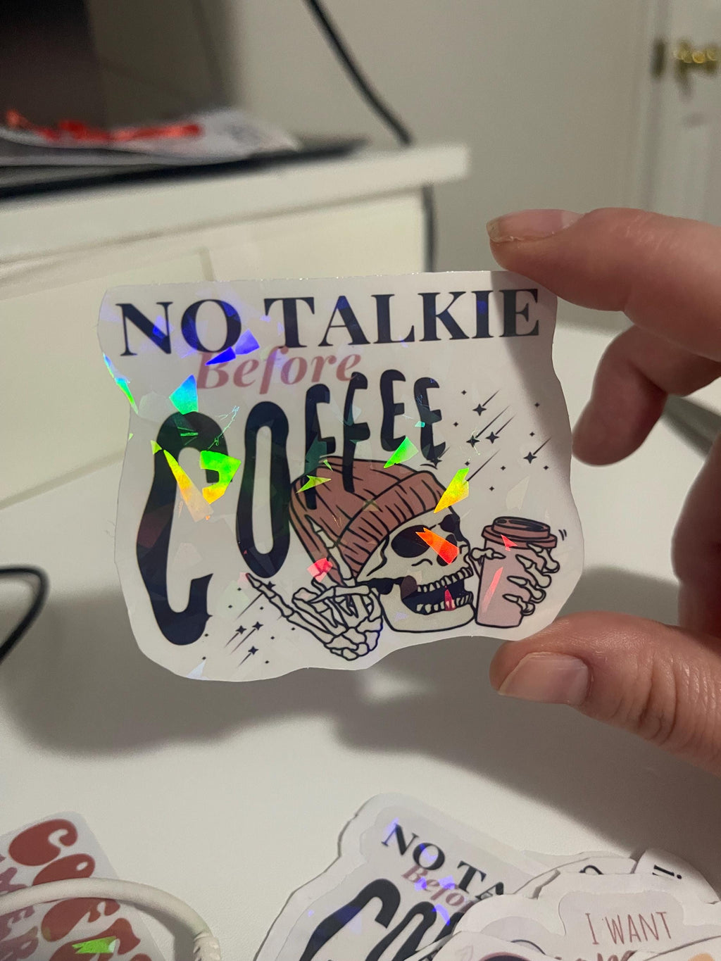 No Talkie Before Coffee Holographic Sticker | Funny Laptop Decal