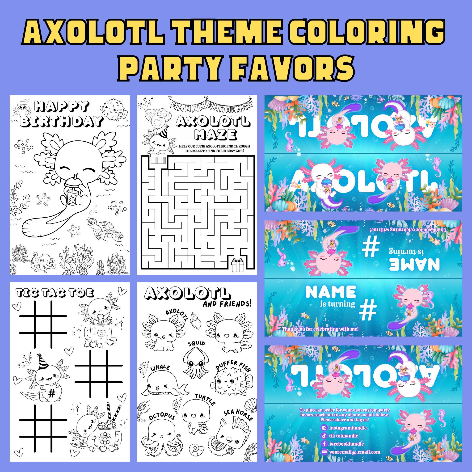 Axolotl Theme Coloring Sticker Sheets | Party Favors